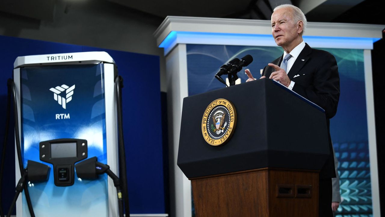 President Joe Biden speaks about rebuilding manufacturing on February 8, 2022, from the South Court Auditorium in Eisenhower Executive Office Building in Washington. 