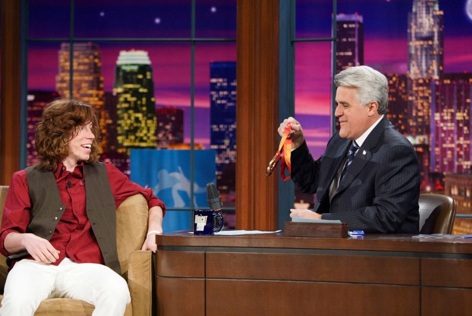 White is interviewed by late-night talk show host Jay Leno after his Olympic triumph in 2006.