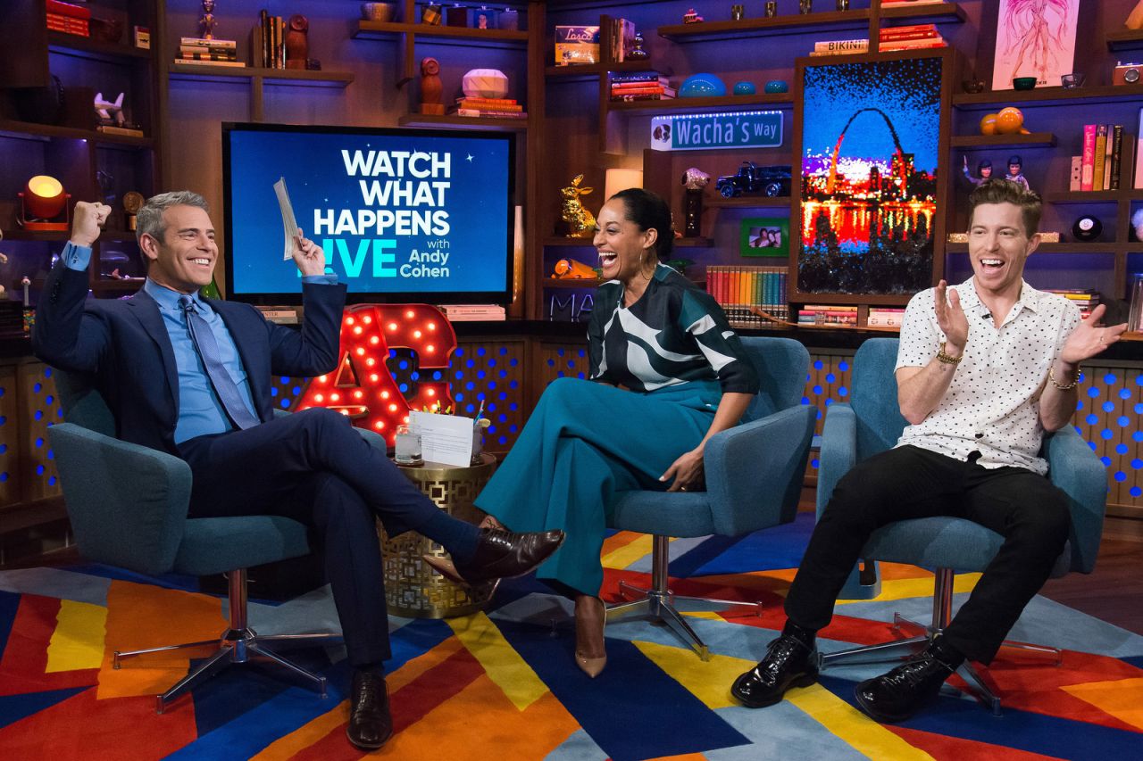 White and actress Tracee Ellis Ross appear with host Andy Cohen on an episode of "Watch What Happens Live" in 2017.