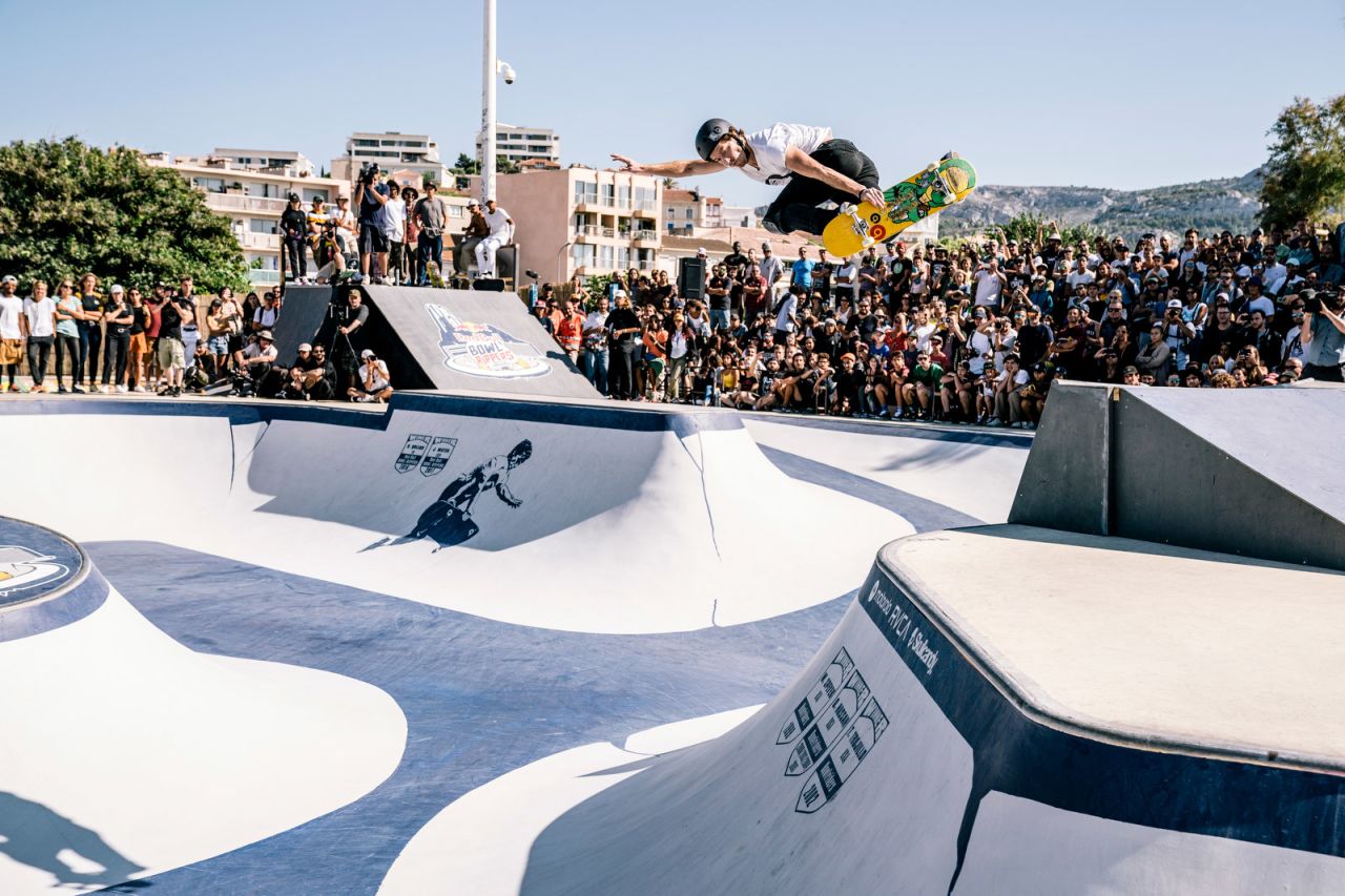 White performs at a skateboarding event in Marseille, France, in 2018.