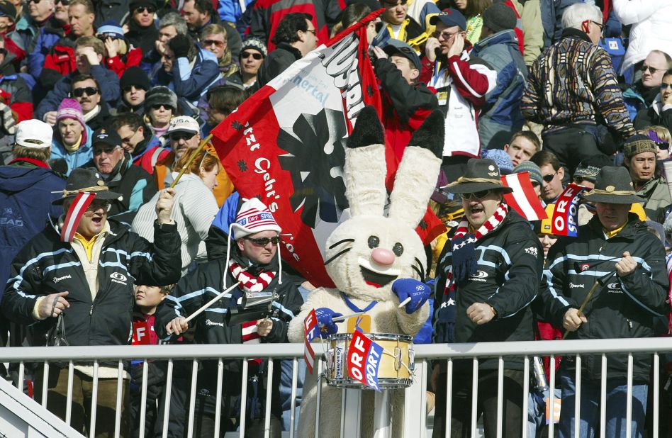 Three mascots represented the Salt Lake City Winter Games in 2002: Powder, Coal and Copper; a snowshoe hare; a coyote, and a black bear. Here is Powder at women's downhill in Snowbasin, Utah.