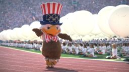 28 JUL 1984:  SAM THE EAGLE THE MASCOT OF THE 1984 LOS ANGELES OLYMPICS MARCHES AROUND THE STADIUM DURING THE OPENING CEREMONY.