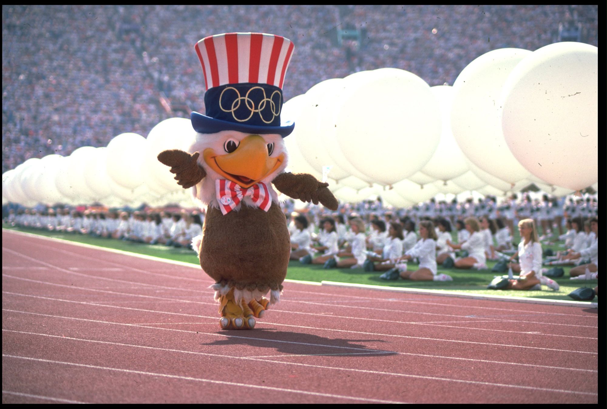 28 JUL 1984:  SAM THE EAGLE THE MASCOT OF THE 1984 LOS ANGELES OLYMPICS MARCHES AROUND THE STADIUM DURING THE OPENING CEREMONY.