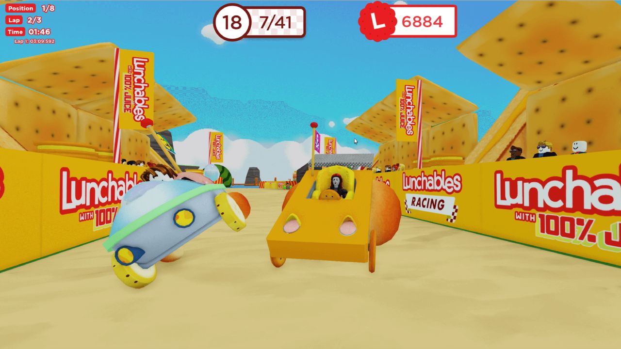 A Roblox avatar races in a Lunchables kart within the Lunchables Racing game in Roblox.