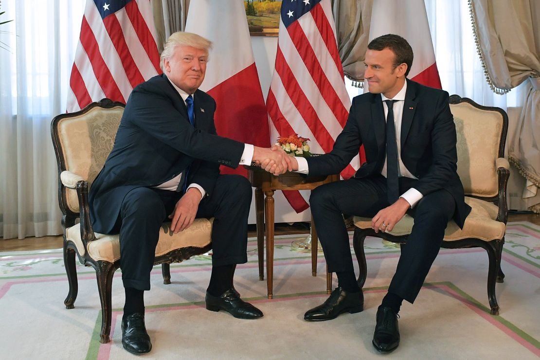 The seemingly never-ending white-knuckle handshake between US President Donald Trump and French President Emmanuel Macron on the sidelines of a 2017 NATO summit. 