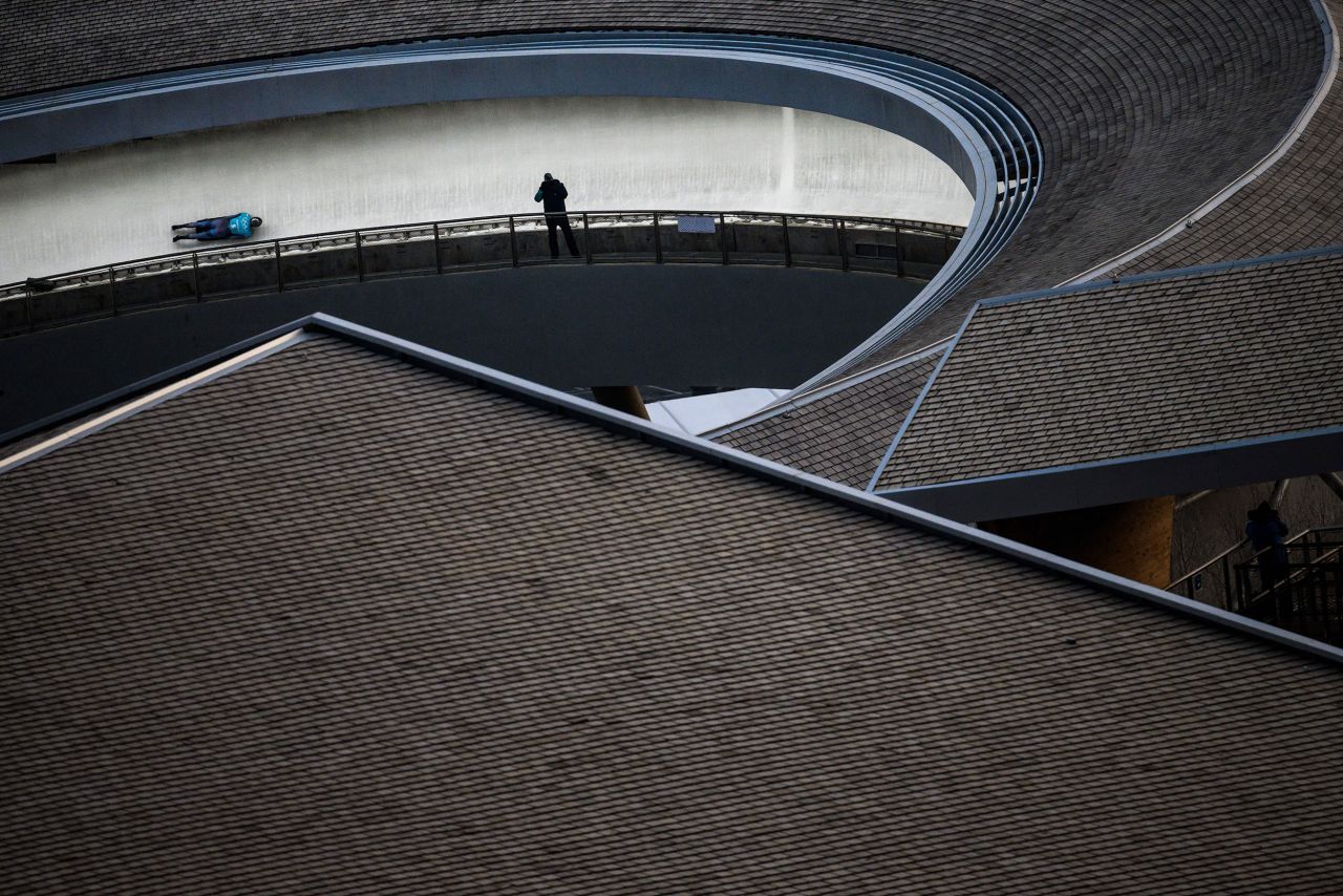 American Andrew Blaser races down the track during skeleton training on February 9.