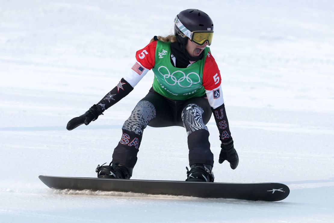 Jacobellis crosses the finish line of the women's snowboard cross.