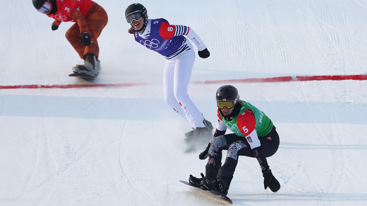 Jacobellis crosses the finish line to win the gold medal during the women's snowboard cross big final.