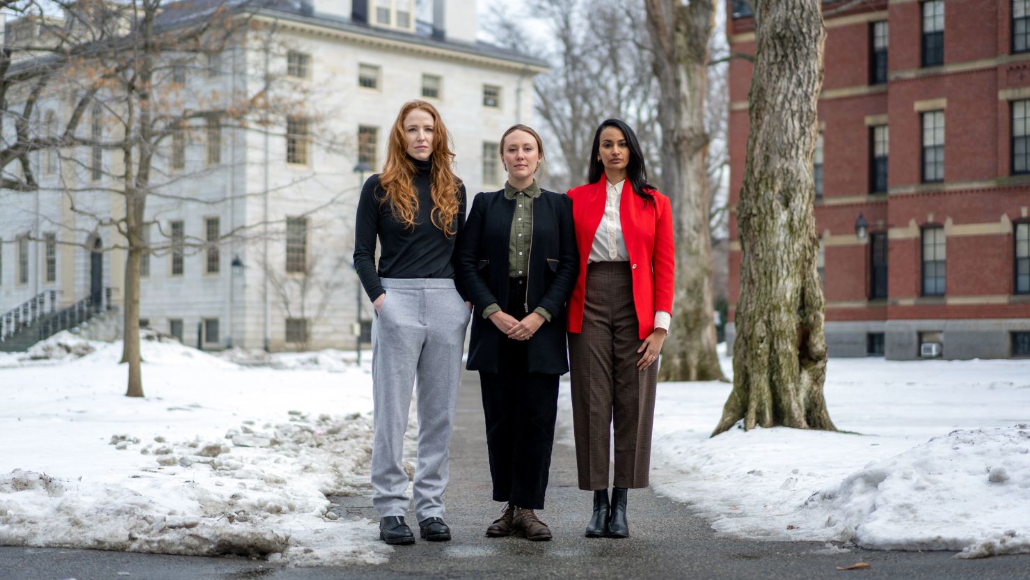 From left, Margaret Czerwienski, Lilia Kilburn and Amulya Mandava are pictured at Harvard University in Cambridge, Massachusetts, on February 7, 2022.