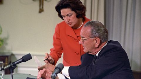 First lady Lady Bird Johnson with her husband in the Oval Office in 1968.