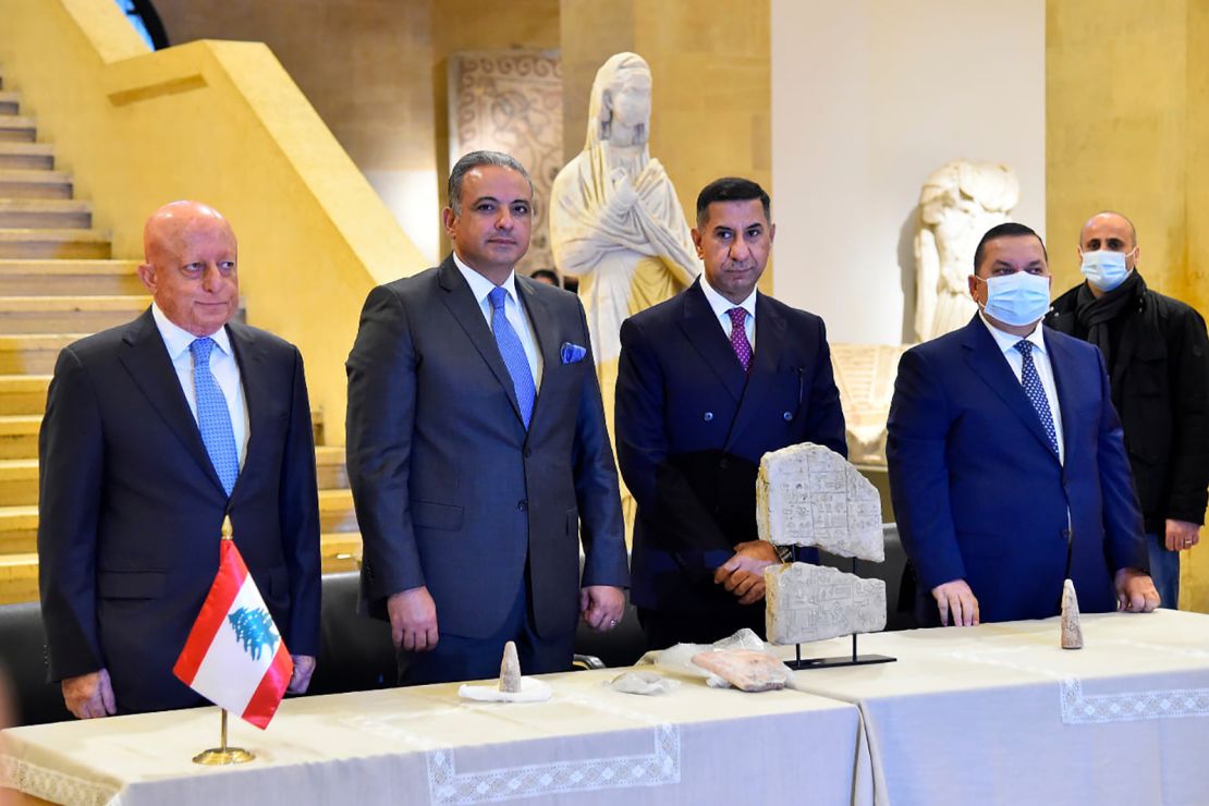 Lebanese culture minister Wissam el-Mortada (second from left) attends a ceremony at Nabu Museum on February 6 to hand 337 swiped artifacts back to Iraq.