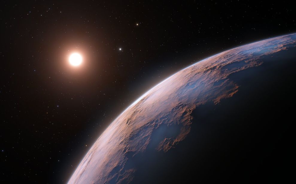 This artist's impression shows a close-up view of Proxima d, a planet candidate recently found orbiting the red dwarf star Proxima Centauri, the closest star to the Solar System. The planet is believed to be rocky and to have a mass about a quarter that of Earth. Two other planets known to orbit Proxima Centauri are visible in the image too: Proxima b, a planet with about the same mass as Earth that orbits the star every 11 days and is within the habitable zone, and candidate Proxima c, which is on a longer five-year orbit around the star.