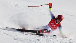 YANQING, CHINA - FEBRUARY 07: (EDITOR'S NOTE: Alternate crop) Mikaela Shiffrin of Team United States crashes during the Women's Giant Slalom on day three of the Beijing 2022 Winter Olympic Games at National Alpine Ski Centre on February 07, 2022 in Yanqing, China. (Photo by Tom Pennington/Getty Images)