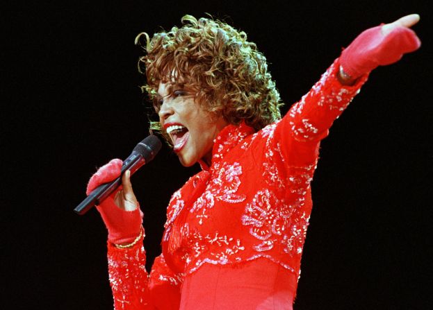 Whitney Houston performs at the Aschaffenburg folk festival on July 11, 1998.