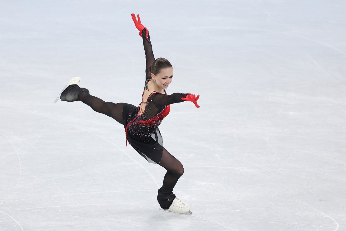 Valieva of Team ROC skates during the women single skating free skating team event on day three of the Beijing 2022 Winter Olympic Games at Capital Indoor Stadium on February 07, 2022 in Beijing, China.