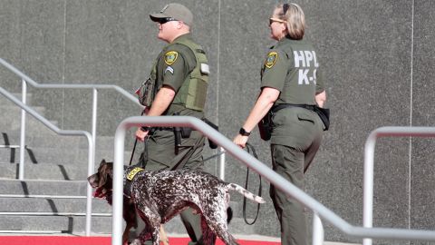 Feb 8, 2022; Inglewood, CA, USA; Houston Police Dept. explosive detection dogs Betti and Baron patrol SoFi Stadium prior to Super Bowl LVI. 