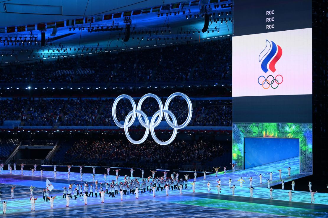 A general view of the ROC flag during the Winter Olympics Opening Ceremony.