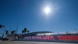 The Super Bowl LVI signage at outside the SoFi Stadium, Wednesday, Feb. 9, 2022, in Inglewood, Calif. The Cincinnati Bengals will face the Los Angeles Rams in Super Bowl LVI on Sunday, Feb. 13, 2022. (Ringo Chiu via AP)