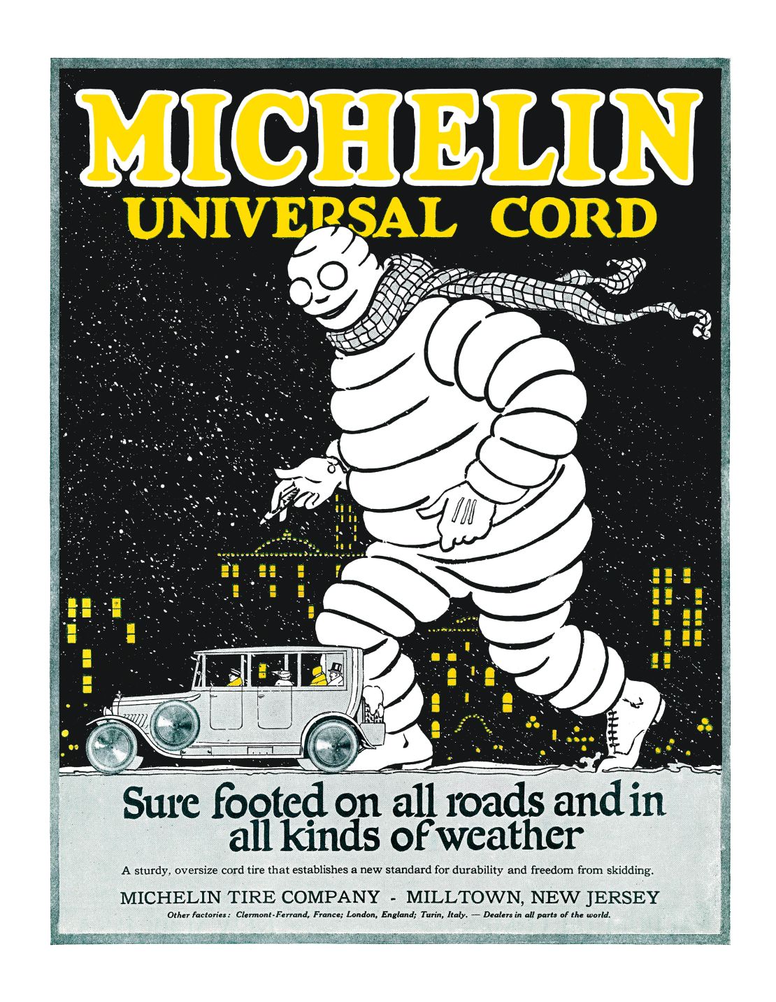 A 1921 ad for the French tire manufacturer Michelin, with the trademark character "Bibendum," still in use today.