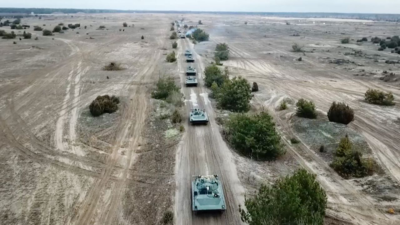 BMP-2 amphibious infantry fighting vehicles are shown ahead of the Allied Resolve-2022 joint military drills by Belarusian and Russian troops. 