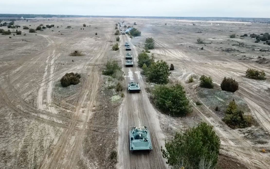 BMP-2 amphibious infantry fighting vehicles are shown ahead of the Allied Resolve-2022 joint military drills by Belarusian and Russian troops. 