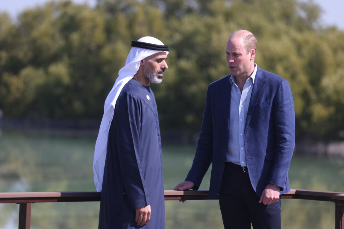 Prince William, Duke of Cambridge, tours Abu Dhabi's wetlands at the carbon-friendly Jubail Mangrove Park with Sheikh Khaled bin Mohamed bin Zayed Al Nahyan, Chairman of Abu Dhabi Executive Office, on Thursday. The prince will be representing the UK at the Dubai Expo to promote British culture.  