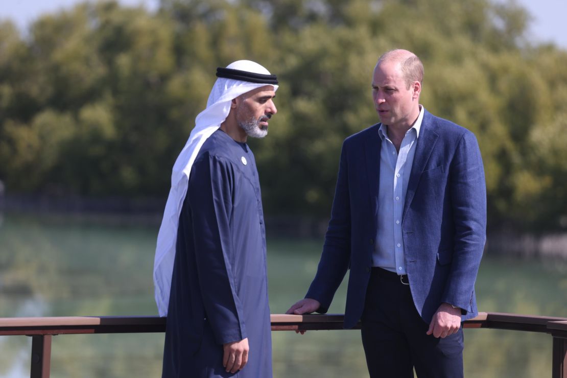 Prince William, Duke of Cambridge, tours Abu Dhabi's wetlands at the carbon-friendly Jubail Mangrove Park with Sheikh Khaled bin Mohamed bin Zayed Al Nahyan, Chairman of Abu Dhabi Executive Office, on Thursday. The prince will be representing the UK at the Dubai Expo to promote British culture.