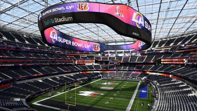 INGLEWOOD, CA - FEBRUARY 8: A view of the SoFi Stadium during Super Bowl LVI media availability day on February 8, 2022 in Inglewood, CA before Sundays game between the Los Angeles Rams and the Cincinnati Bengals. (Photo by Brian Rothmuller/Icon Sportswire via Getty Images)