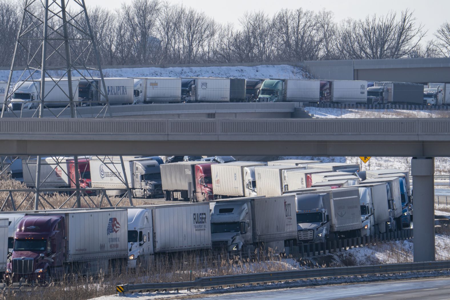 The Ambassador Bridge closing slowed supplies to US automakers. It also caused major traffic jams, such as this one, which diverted vehicles to the Blue Water Bridge in Port Huron, Michigan, on February 9.