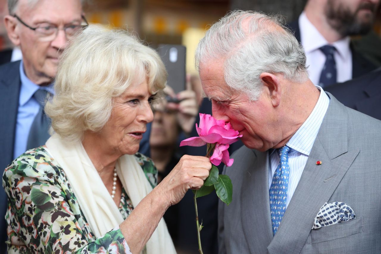 Charles and Camilla visit a flower market in Nice, France, in May 2018.