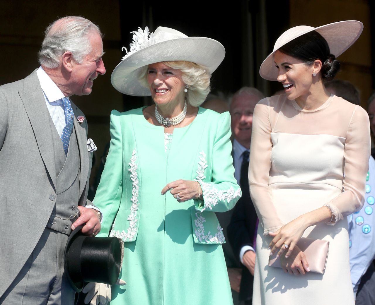 Charles, Camilla and Meghan, the Duchess of Sussex, attend Charles' 70th birthday patronage celebration held at Buckingham Palace in May 2018.