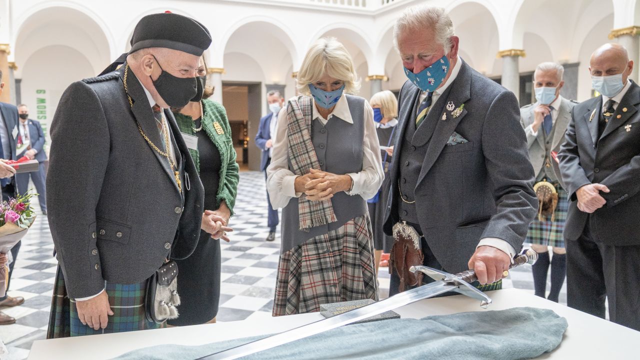 Charles and Camilla are seen during a visit to officially open the redeveloped Aberdeen Art Gallery on September 21, 2021 in Aberdeen, Scotland. 