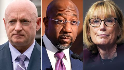 From left to right, Democratic Sens. Mark Kelly of Arizona, Raphael Warnock of Georgia and Maggie Hassan of New Hampshire. 