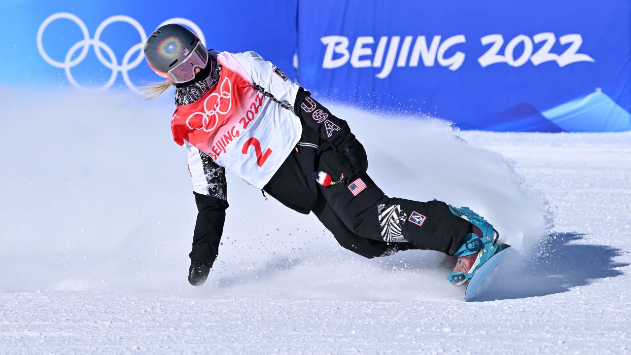 Jamie Anderson of Team USA competes in the snowboard women's slopestyle final run during the Beijing 2022 Winter Olympic Games on February 6.