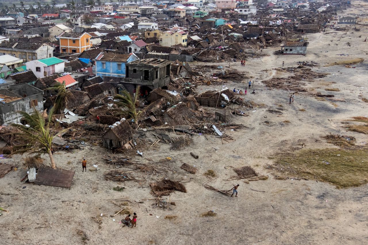 Houses are damaged on a beach in Mananjary, Madagascar, on Tuesday, February 8. <a href="https://www.cnn.com/2022/02/07/africa/second-cyclone-hits-madagascar-intl/index.html" target="_blank">Cyclone Batsirai</a> slammed into the island on Saturday.