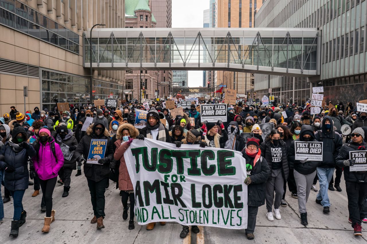 People march in downtown Minneapolis on Saturday, February 5, calling for justice for Amir Locke. Locke, a 22-year-old Black man, <a href="https://www.cnn.com/2022/02/07/us/no-knock-warrants-minneapolis-shooting/index.html" target="_blank">was killed during a police raid in Minneapolis</a> as a SWAT team executed a no-knock warrant at an apartment. Locke wasn't named in the warrant, officials said.