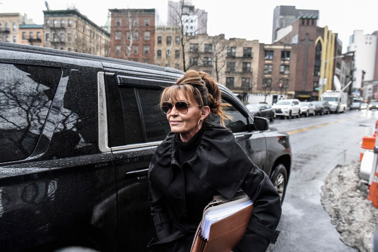 Former Alaska Gov. and vice presidential candidate Sarah Palin arrives at federal court in New York on Thursday, February 3. <a href="https://www.cnn.com/2022/01/22/media/sarah-palin-new-york-times-trial/index.html" target="_blank">She is suing the New York Times</a> over an editorial that incorrectly linked the 2011 shooting of US Rep. Gabby Giffords to a map, circulated by Palin's political action committee, that showed certain electoral districts under crosshairs. The Times corrected the error and apologized for it, and a judge initially dismissed the defamation case. But a federal appeals court revived it.