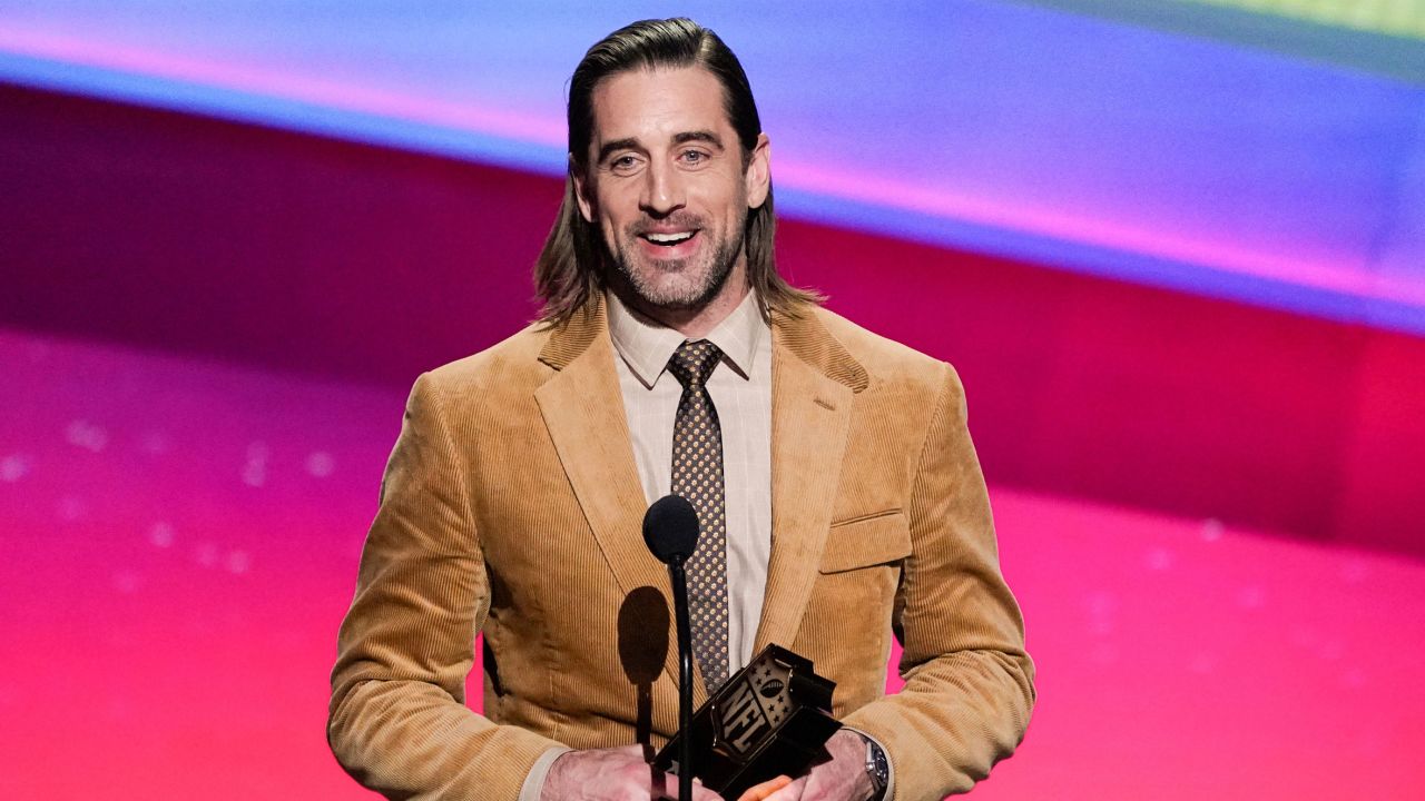 Aaron Rodgers of the Green Bay Packers receives the AP Most Valuable Player of the Year Award at the NFL Honors show Thursday in Inglewood, California.