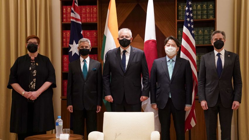 (L-R) Australian Foreign Minister Marise Payne, Indian Foreign Minister Subrahmanyam Jaishankar, Australian Prime Minister Scott Morrison, Japanese Foreign Minister Yoshimasa Hayashi and US Secretary of State Antony Blinken pose for a photo before their meeting at the Quad meeting of foreign ministers in Melbourne on February 11, 2022. (Photo by KEVIN LAMARQUE / POOL / AFP) (Photo by KEVIN LAMARQUE/POOL/AFP via Getty Images)