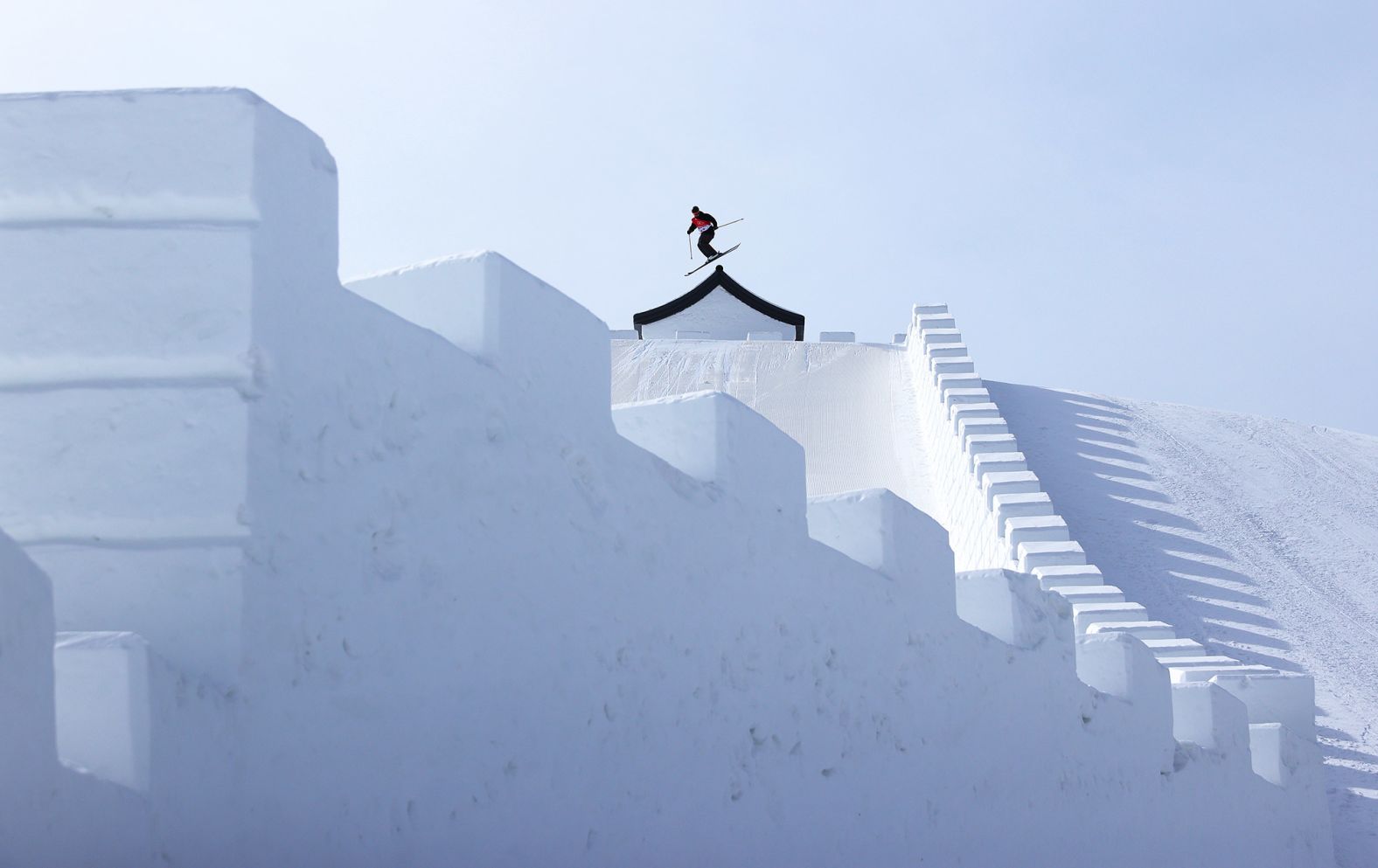 Canadian freestyle skier Evan McEachran trains on February 11. The slopestyle course featured a tribute to the Great Wall of China.