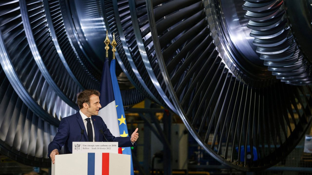 French President Emmanuel Macron delivers a speech at the GE Steam Power System main production site for its nuclear turbine systems on February 10, 2022.