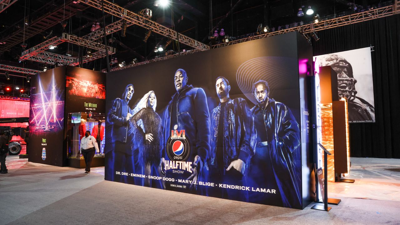 A preview of "the Super Bowl Experience" exhibition at the Los Angeles Convention Center on February 4 showcased a history of Super Bowl Halftime Shows while teasing what is to come when artists Dr. Dre, Eminem, Snoop Dog, Mary J. Blige and Kendrick Lamar perform this weekend.