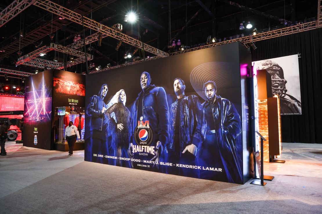 A preview of "the Super Bowl Experience" exhibition at the Los Angeles Convention Center on February 4 showcased a history of Super Bowl Halftime Shows while teasing what is to come when artists Dr. Dre, Eminem, Snoop Dog, Mary J. Blige and Kendrick Lamar perform this weekend.