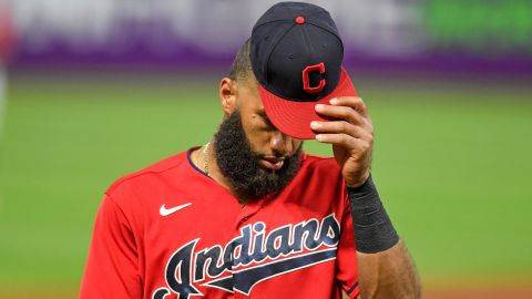 Amed Rosario of the then named Cleveland Indians takes off his hat as he walks off the field in the fifth inning against the Texas Rangers.
