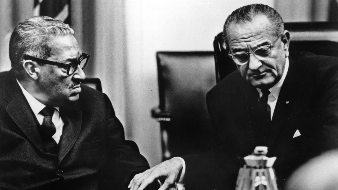 Judge Thurgood Marshall with Johnson, following Marshall's appointment to the Supreme Court.
