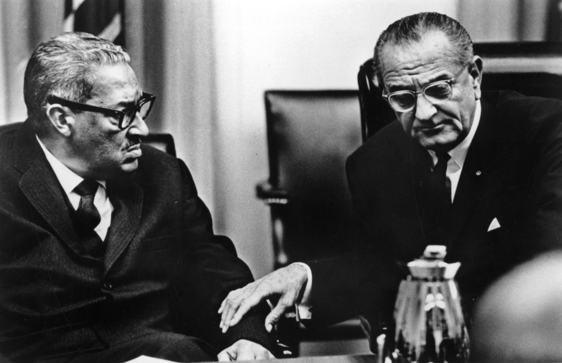 Judge Thurgood Marshall with Johnson, following Marshall's appointment to the Supreme Court.