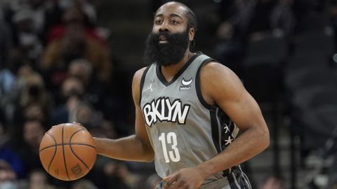 Harden dribbles during the first half of a game against the San Antonio Spurs.