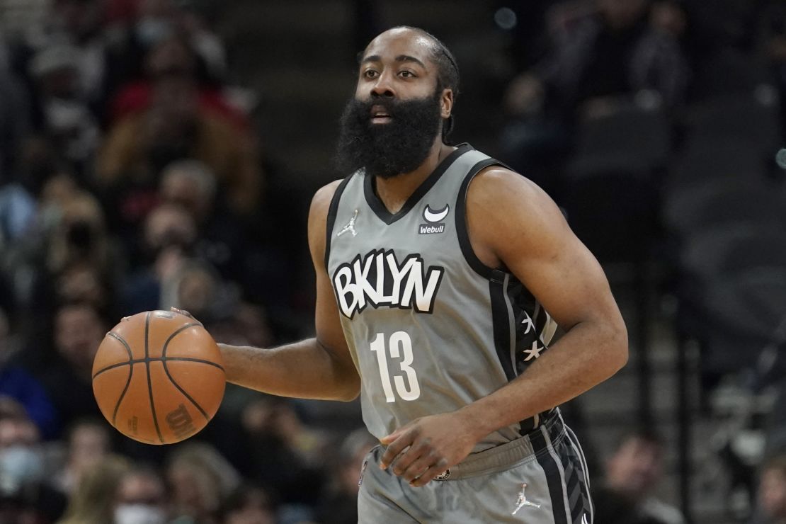 Harden dribbles during the first half of a game against the San Antonio Spurs.