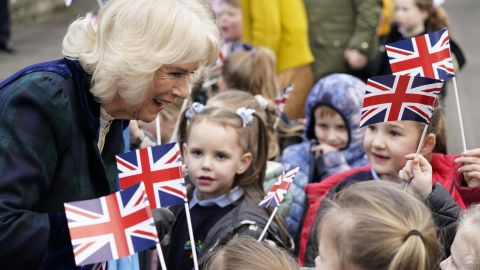 The Duchess of Cornwall meets children as she arrives for a visit to Roundhill Primary School in Bath, England.