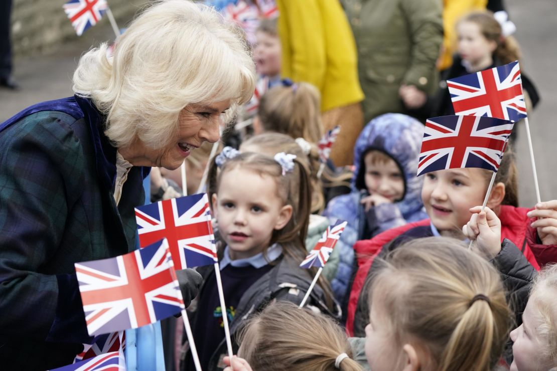 The Duchess of Cornwall meets children as she arrives for a visit to Roundhill Primary School in Bath, England.
